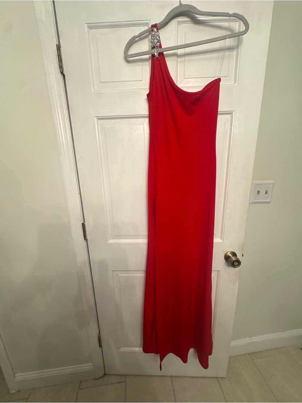 Fashion Nova Red One-Shoulder Gown with Rhinestone Accent